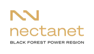Goldenes Doppelpfeil-Symbol über dem Schriftzug nectanet Black Forest Power Region