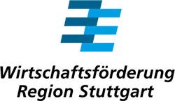 Blaue Pfeilsymbole neben dem Schriftzug Wirtschaftsförderung Region Stuttgart